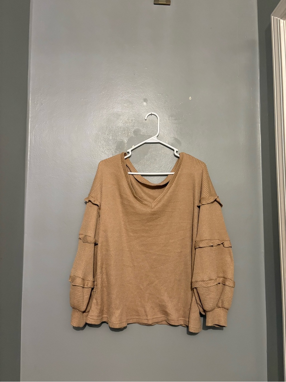 SHEIN Camel Ruffle-Sleeve Waffle Knit Top